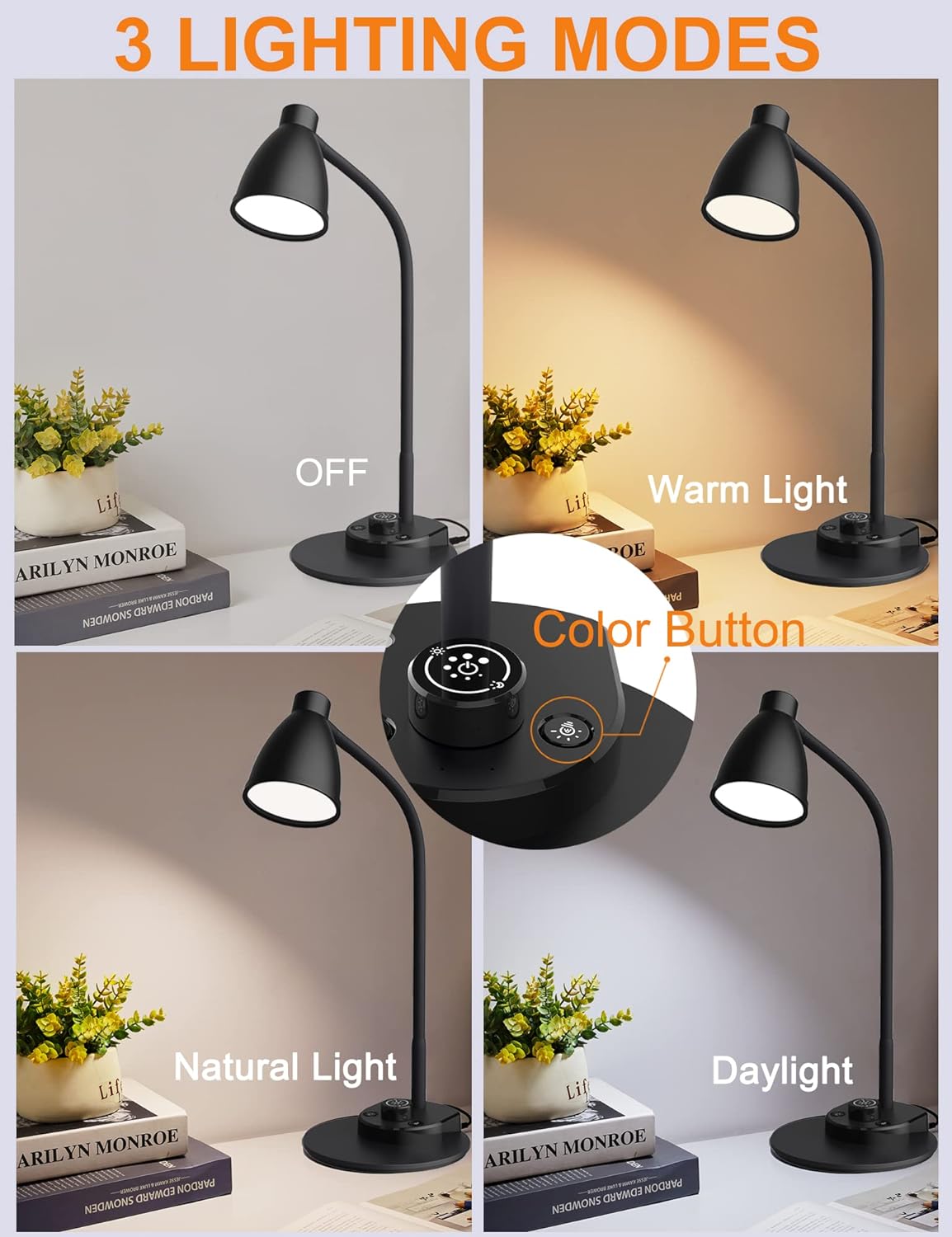 BOHON LED Desk Lamp with USB Charging Port 3 Color Modes Dimmable Reading Light Intelligent Induction Auto Dimming Task Lamp Flexible Gooseneck Table Lamp for Bedside Office, AC Adapter Include - Image 2