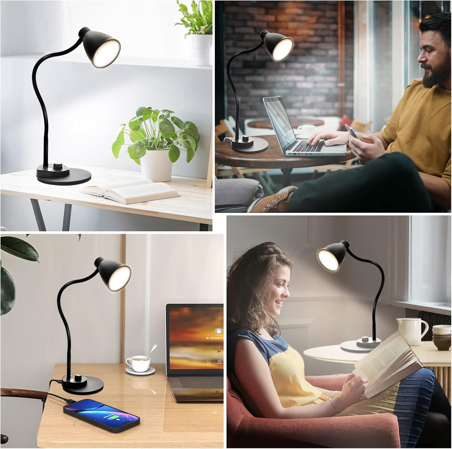 BOHON LED Desk Lamp with USB Charging Port 3 Color Modes Dimmable Reading Light Intelligent Induction Auto Dimming Task Lamp Flexible Gooseneck Table Lamp for Bedside Office, AC Adapter Include - Image 4