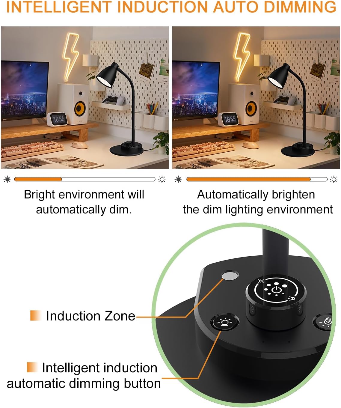 BOHON LED Desk Lamp with USB Charging Port 3 Color Modes Dimmable Reading Light Intelligent Induction Auto Dimming Task Lamp Flexible Gooseneck Table Lamp for Bedside Office, AC Adapter Include - Image 6