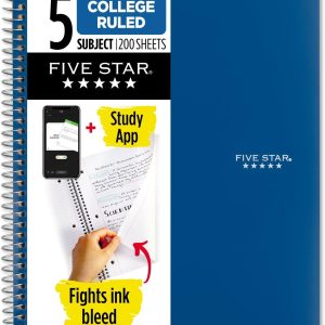 Five Star Spiral Notebook + Study App, 5 Subject, College Ruled Paper, Fights Ink Bleed, Water Resistant Cover, 8-1/2" x 11", 200 Sheets, Blue (73635)