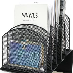 Inclined Desk File Organizer, 5-Section Vertical File Folder Holder Stand Metal Rack File Sorter for Office Classroom Desktop Organization (Black, 1Pack)