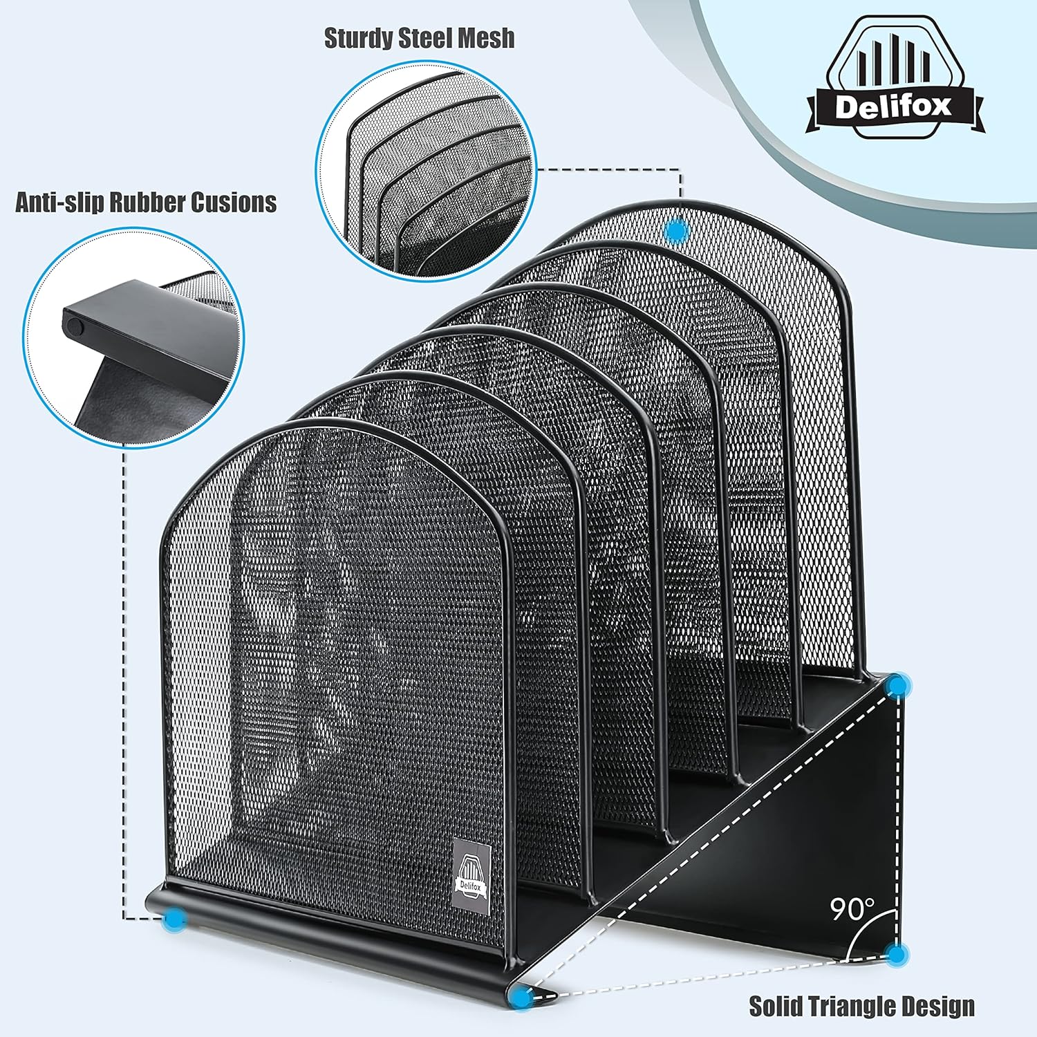 Inclined Desk File Organizer, 5-Section Vertical File Folder Holder Stand Metal Rack File Sorter for Office Classroom Desktop Organization (Black, 1Pack) - Image 3