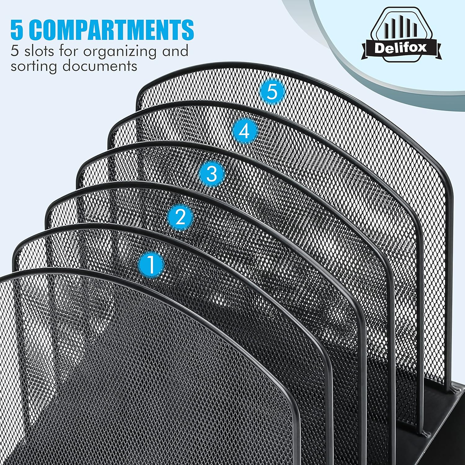 Inclined Desk File Organizer, 5-Section Vertical File Folder Holder Stand Metal Rack File Sorter for Office Classroom Desktop Organization (Black, 1Pack) - Image 4