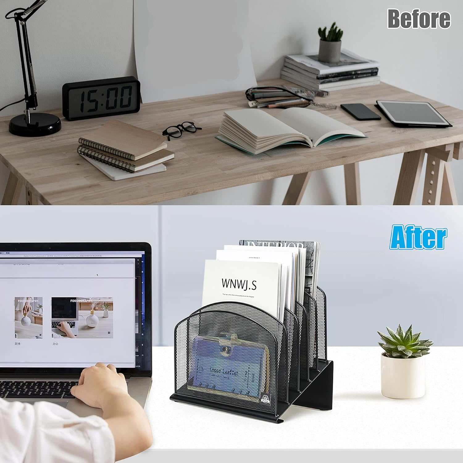 Inclined Desk File Organizer, 5-Section Vertical File Folder Holder Stand Metal Rack File Sorter for Office Classroom Desktop Organization (Black, 1Pack) - Image 6