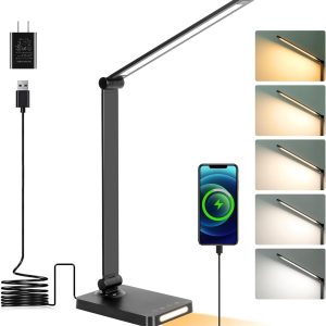 LED Desk Lamp with USB Ports,Touch Desk Lamps for Home Office with 5 Color Modes,3 Brightness Desk Light with Small Night Light,Reading Lamp Table Lamp for Bedroom Bedside Study Black （with adapter）
