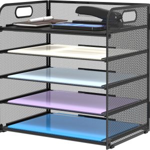 Supeasy 5 Trays Paper Organizer with Handle - Mesh Desk File/Letter Organizer,Black Paper Sorter for Office, Home or School