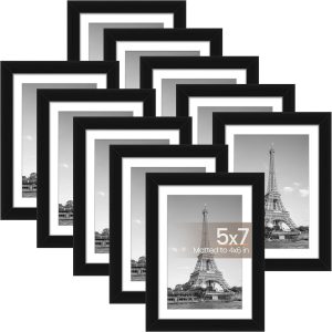 upsimples 5x7 Picture Frame Set of 10, 4x6 with Mat or 5x7 Without Mat, Multi Photo Frames Collage for Wall or Tabletop Display, Black