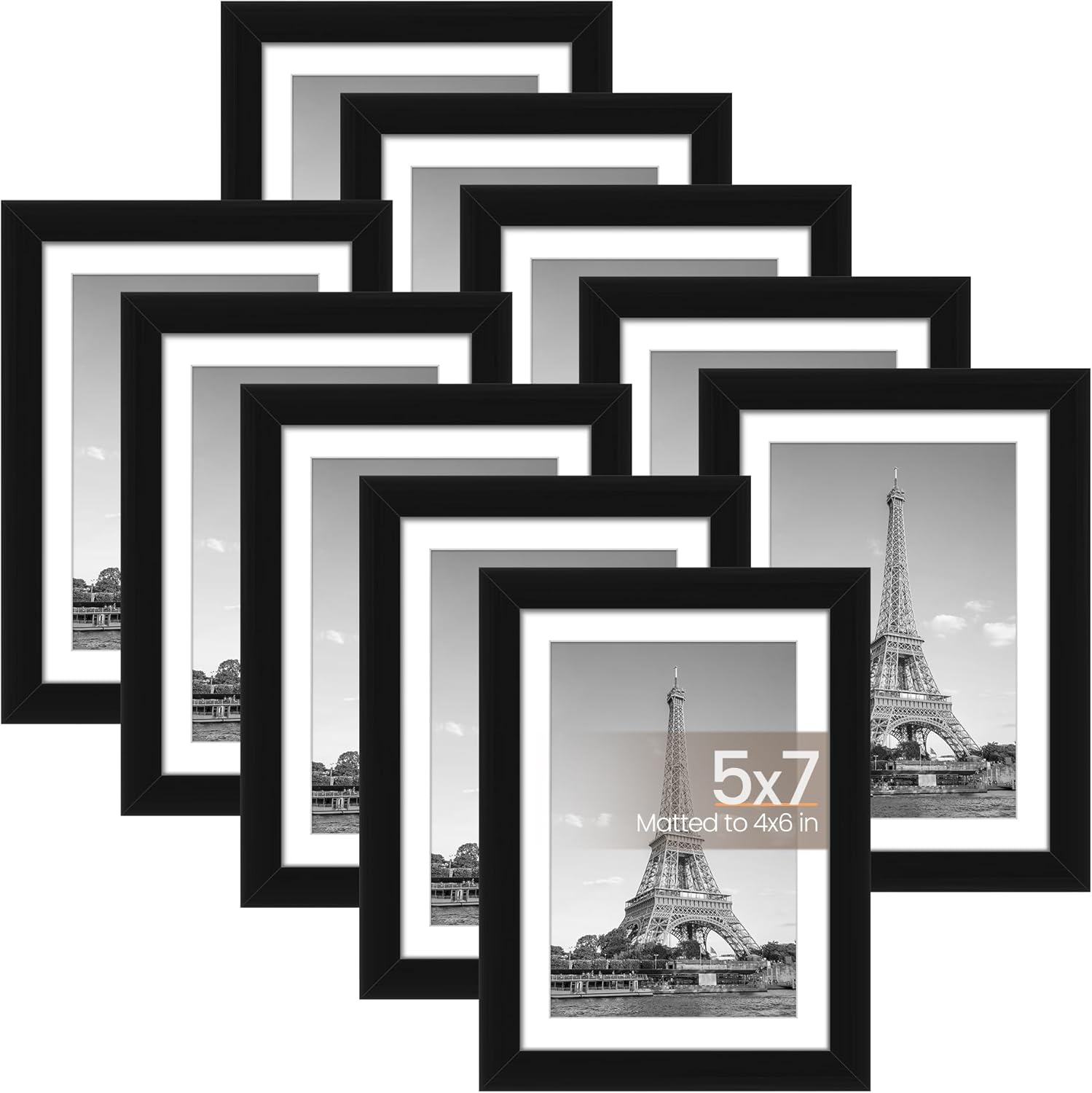 upsimples 5x7 Picture Frame Set of 10, 4x6 with Mat or 5x7 Without Mat, Multi Photo Frames Collage for Wall or Tabletop Display, Black