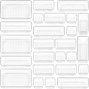 Vtopmart 25 PCS Clear Plastic Drawer Organizers Set, 4-Size Versatile Bathroom and Vanity Drawer Organizer Trays, Storage Bins for Makeup, Bedroom, Kitchen Gadgets Utensils and Office
